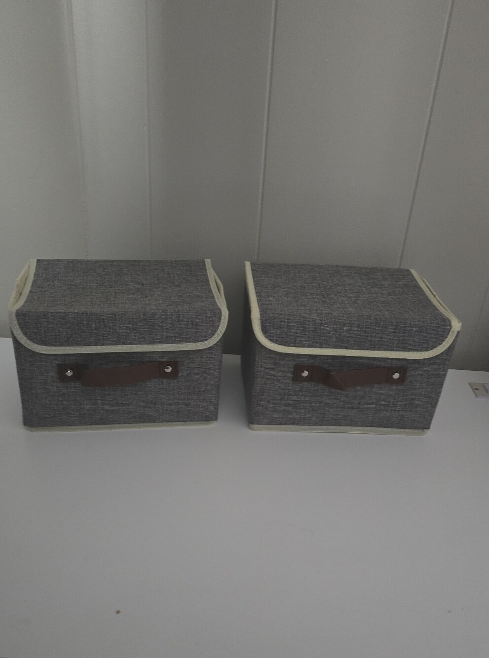 Gray Fabric Storage Bins with Cream Trim and Brown Handles (Set of 2)